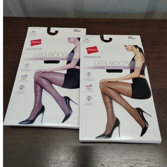 Hanes NEW Set of 2 Size Small Jet Black Leg Boost Control Top Support Pantyhose - Picture 1 of 6